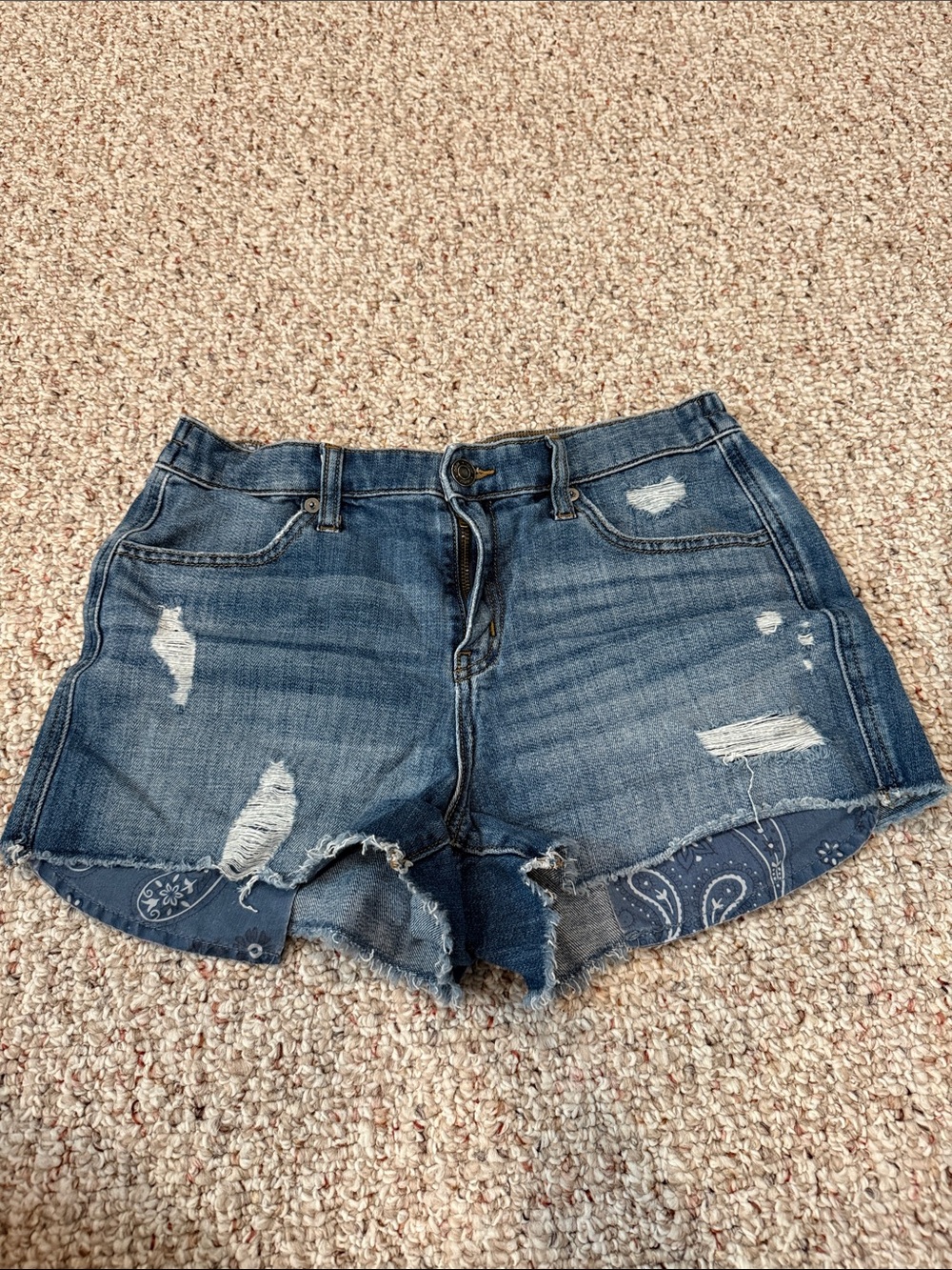 aerie Washed Blue Distressed Denim Shorts with Bandana Trim